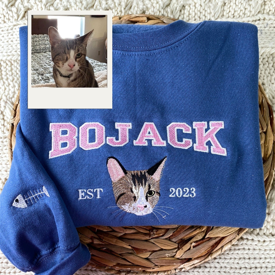 Custom Cat Portrait Embroidered Varsity Hoodie - Personalized Pet Name Sweatshirt - Cat Parent Gift
