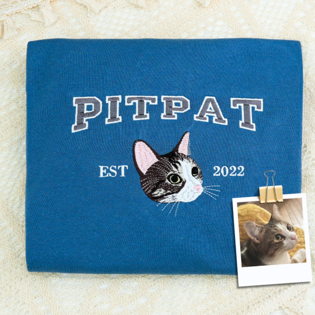 Custom Cat Portrait Embroidered Varsity Hoodie - Pet Face Sweatshirt - Personalized Cat Lover Gift