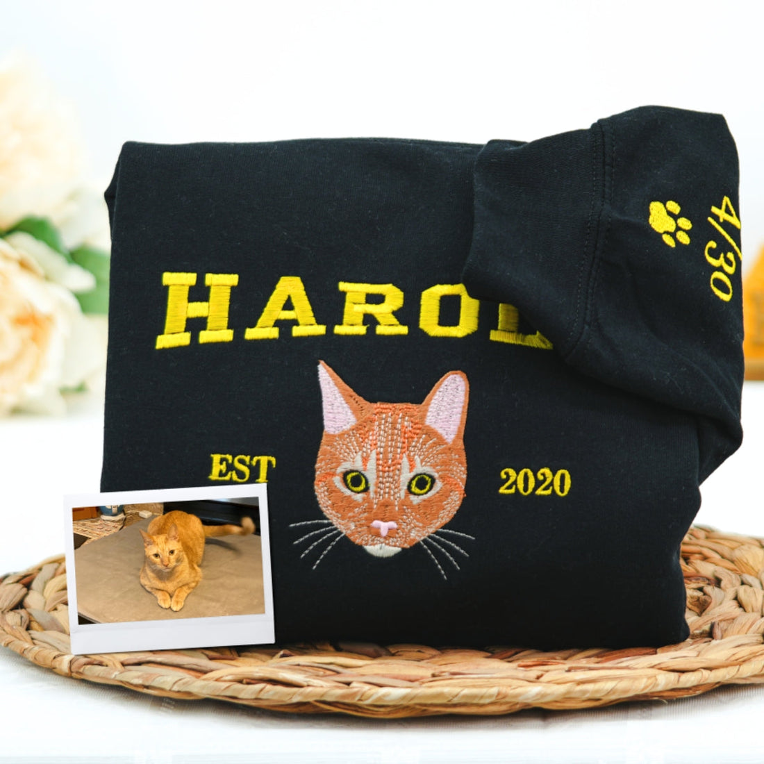 Custom Cat Portrait Embroidered Varsity Hoodie - Pet Name Sweatshirt - Personalized Cat Lover Gift