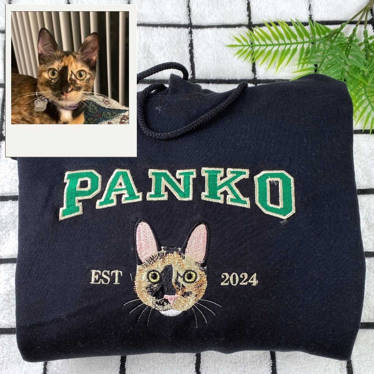 Custom Cat Embroidered Varsity Hoodie - Personalized Pet Portrait with Name - Cat Mom Gift