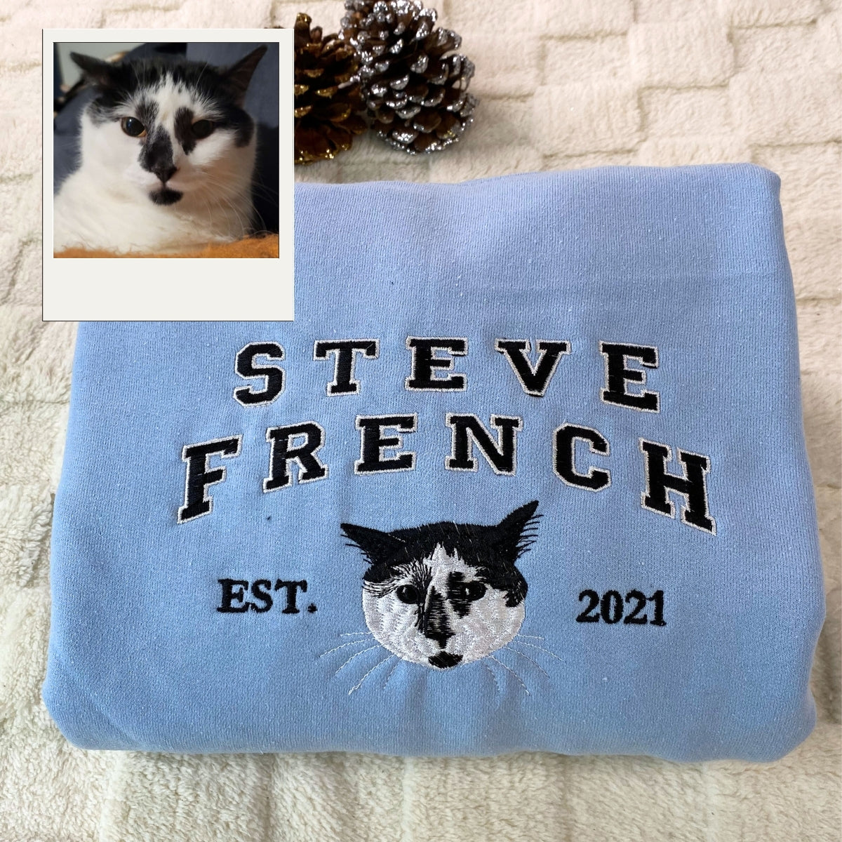 Custom Cat Embroidered Varsity Hoodie - Personalized Pet Portrait with Name - Cat Mom Gift