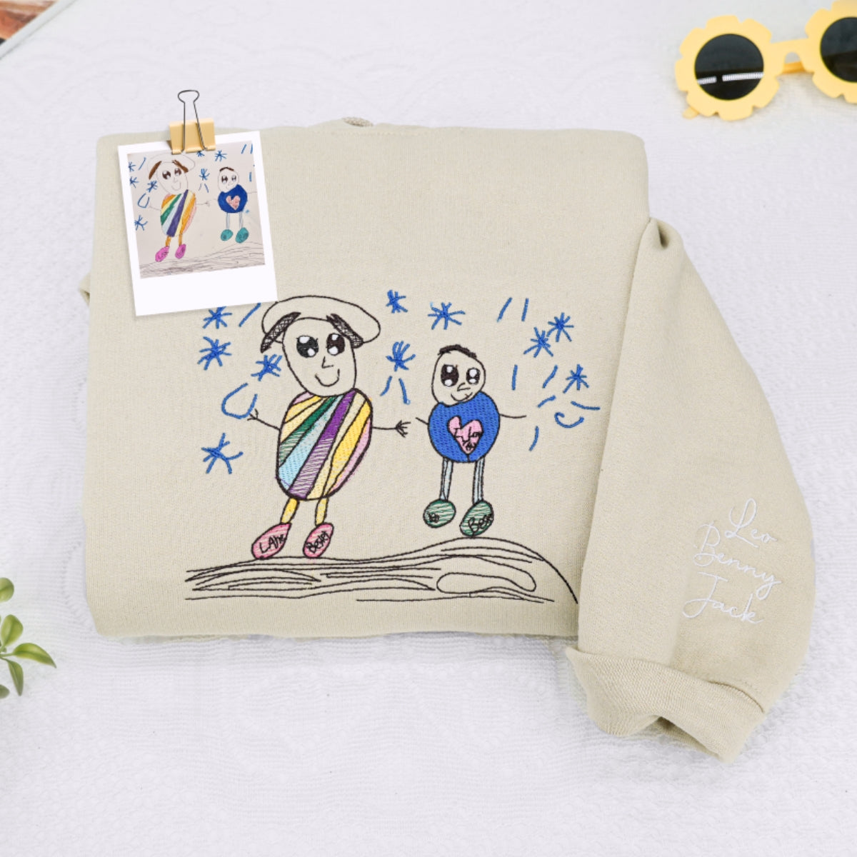 Custom Child Family Drawing Embroidered Sweatshirt - Kids Artwork Hoodie - Personalized Family Keeps