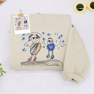 Custom Child Family Drawing Embroidered Sweatshirt - Kids Artwork Hoodie - Personalized Family Keeps