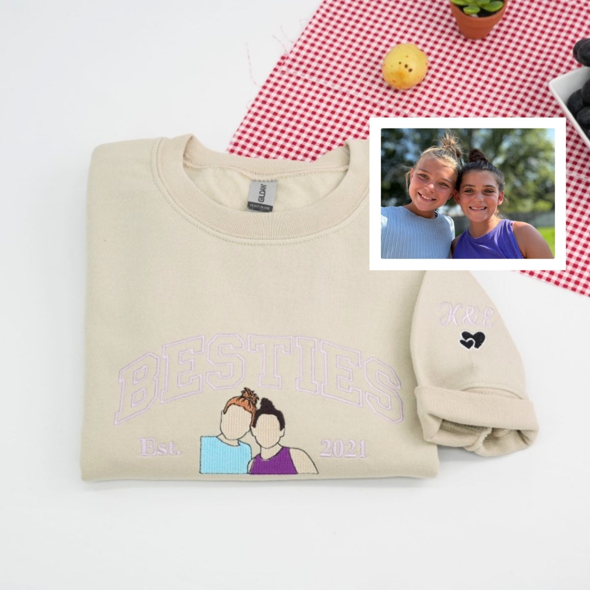 Childhood Friends Portrait Custom Embroidered Hoodie - Personalized Bestie Gift - EST Date