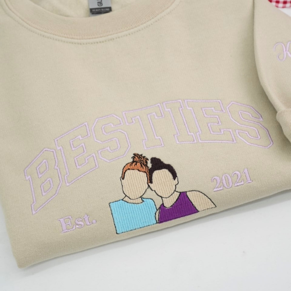 Childhood Friends Portrait Custom Embroidered Hoodie - Personalized Bestie Gift - EST Date