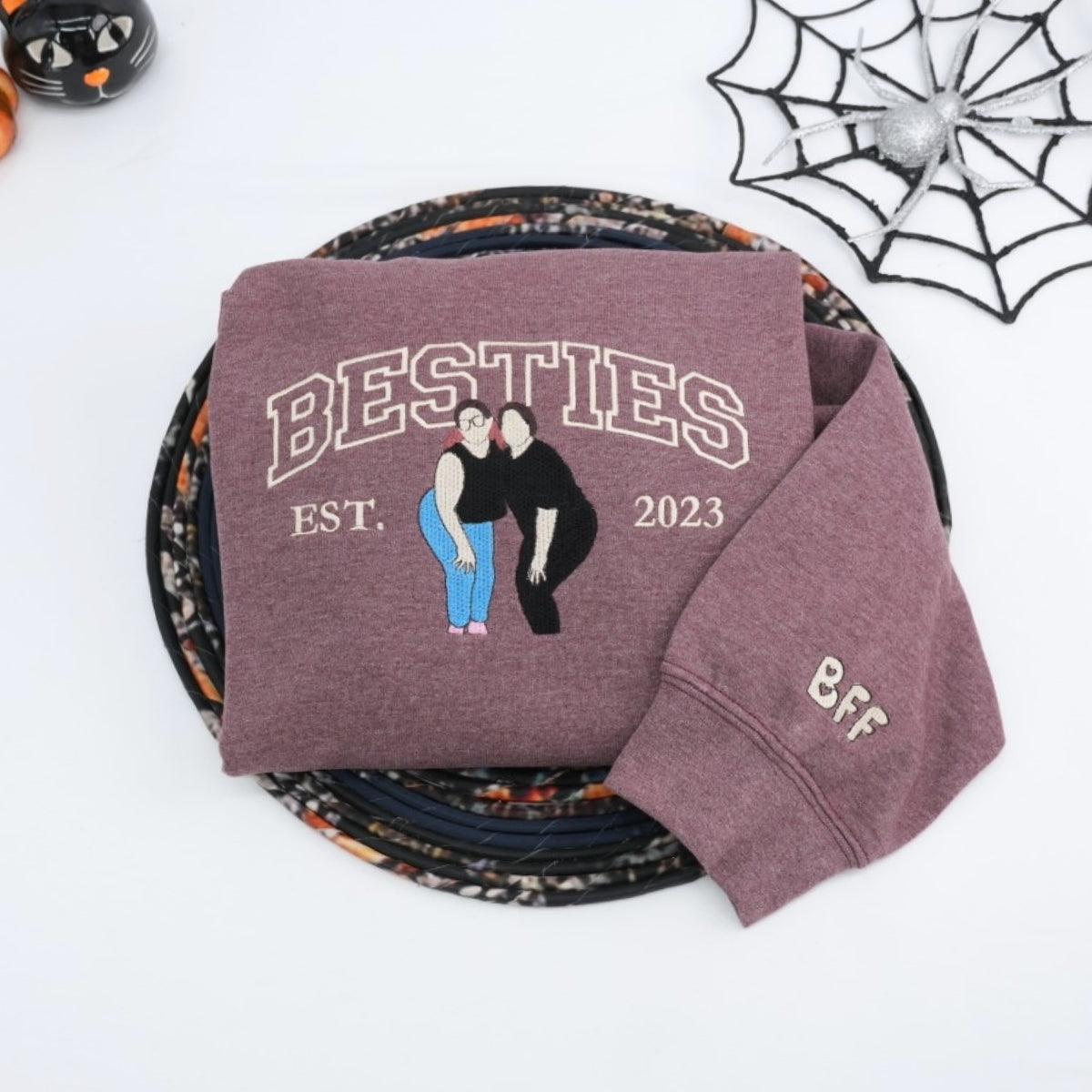 Childhood Friends Portrait Custom Embroidered Hoodie - Personalized Bestie Gift - EST Date