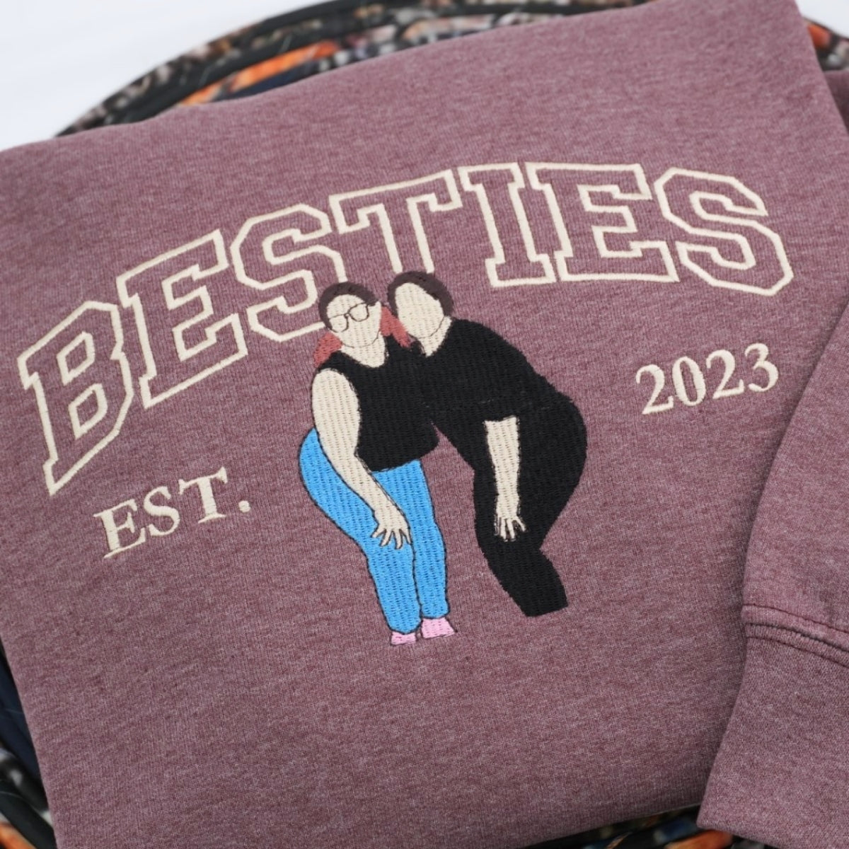Childhood Friends Portrait Custom Embroidered Hoodie - Personalized Bestie Gift - EST Date