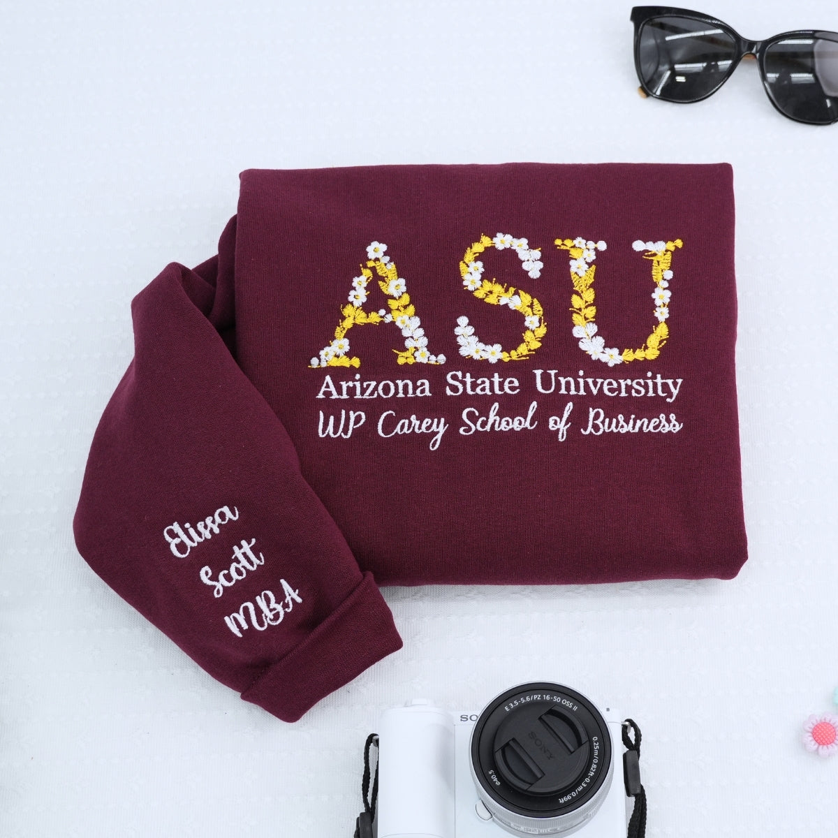 College Graduation Custom Embroidered Hoodie - University Floral Letter - Personalized Degree Gift