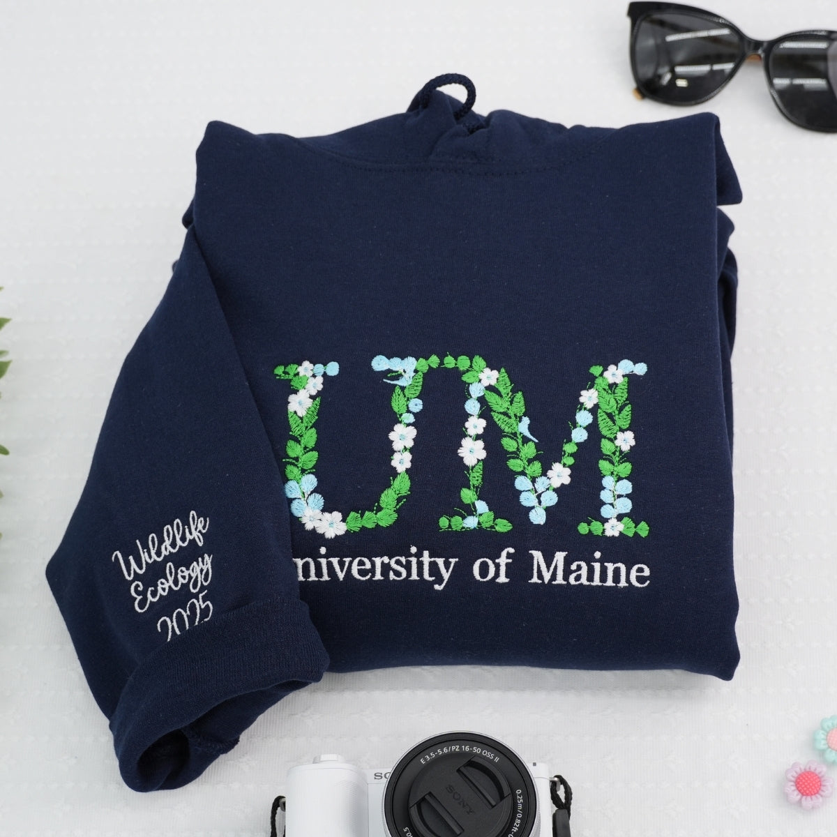 College Graduation Custom Embroidered Hoodie - University Floral Letter - Personalized Degree Gift
