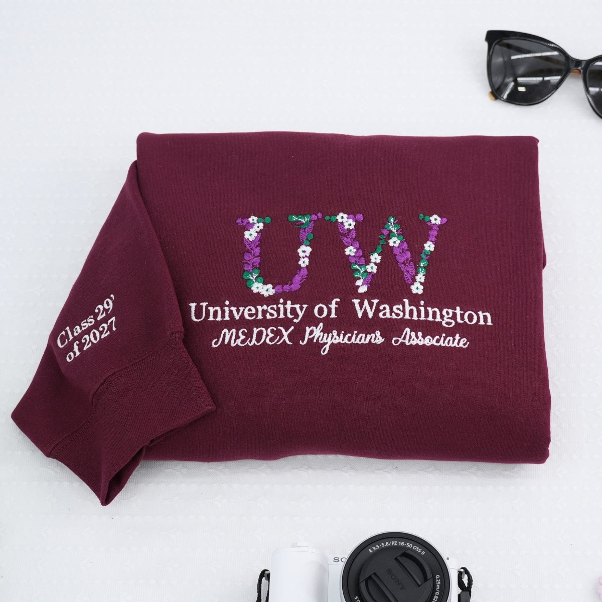 College Graduation Custom Embroidered Hoodie - University Floral Letter - Personalized Degree Gift