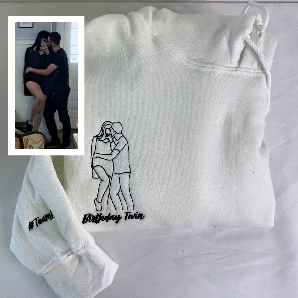 Couple Art Custom Embroidered Hoodie - Photo Line Drawing - Personalized Wedding Gift