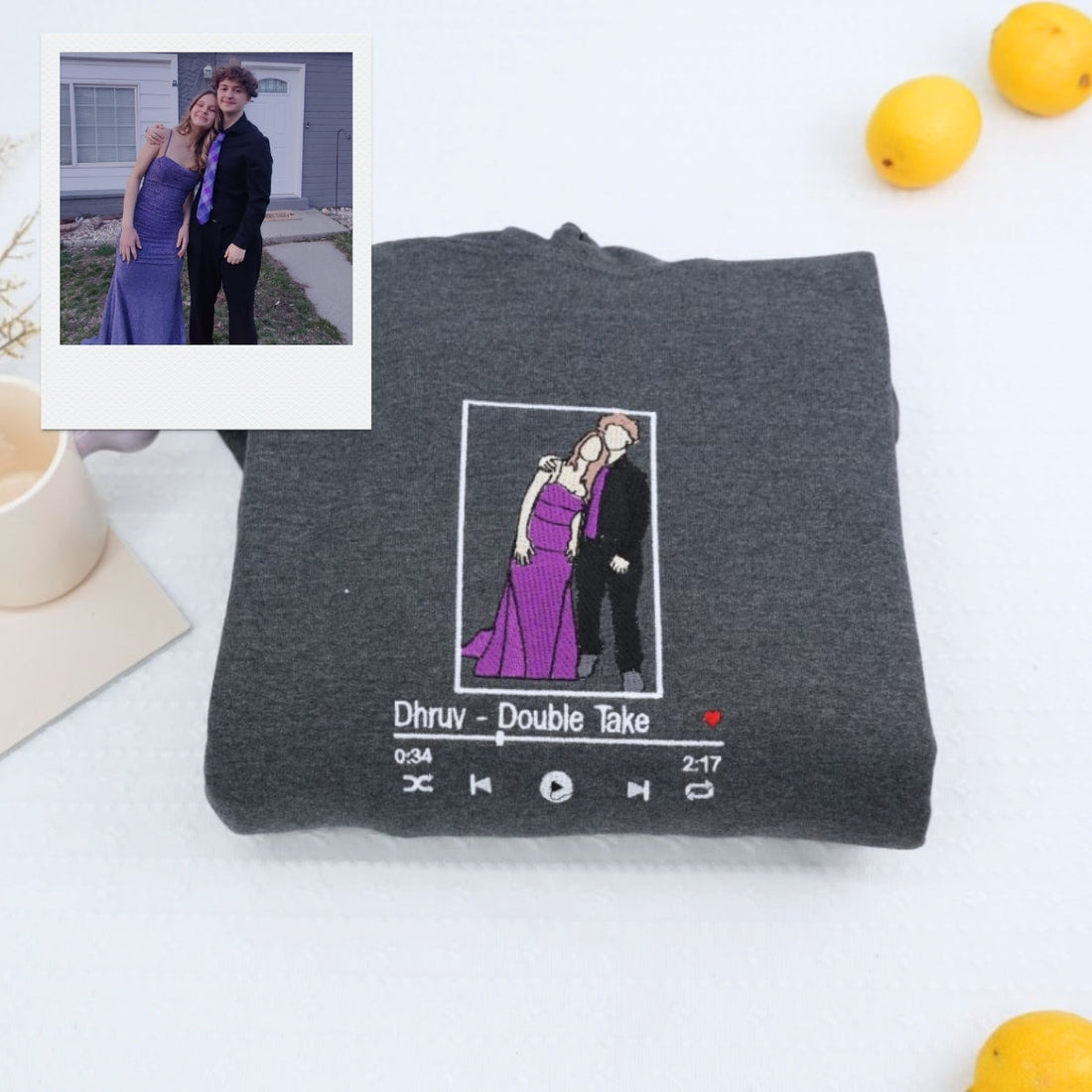 Couple Photo Custom Embroidered Hoodie - Song Music Player - Personalized Gift