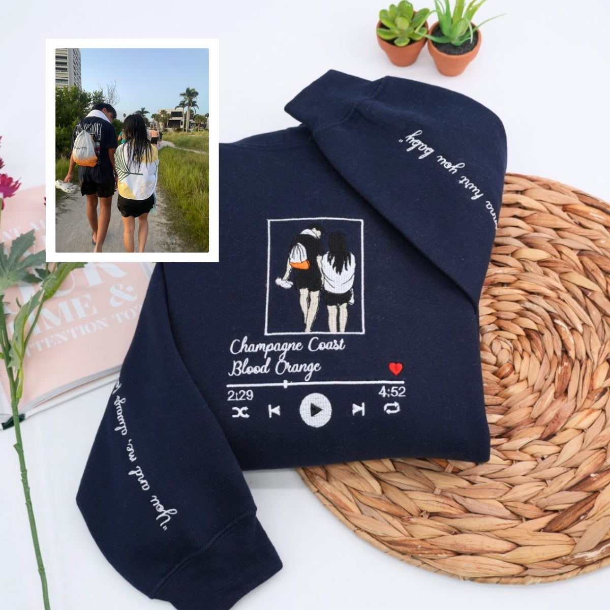 Couple Photo Custom Embroidered Hoodie - Song Music Player - Personalized Gift