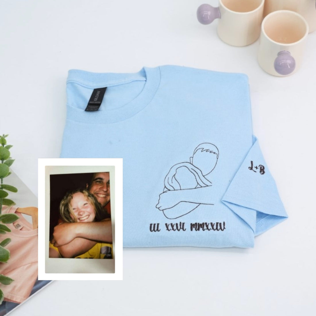 Couple Photo Custom Embroidered T-Shirt - Outline Portrait - Personalized Anniversary Gift
