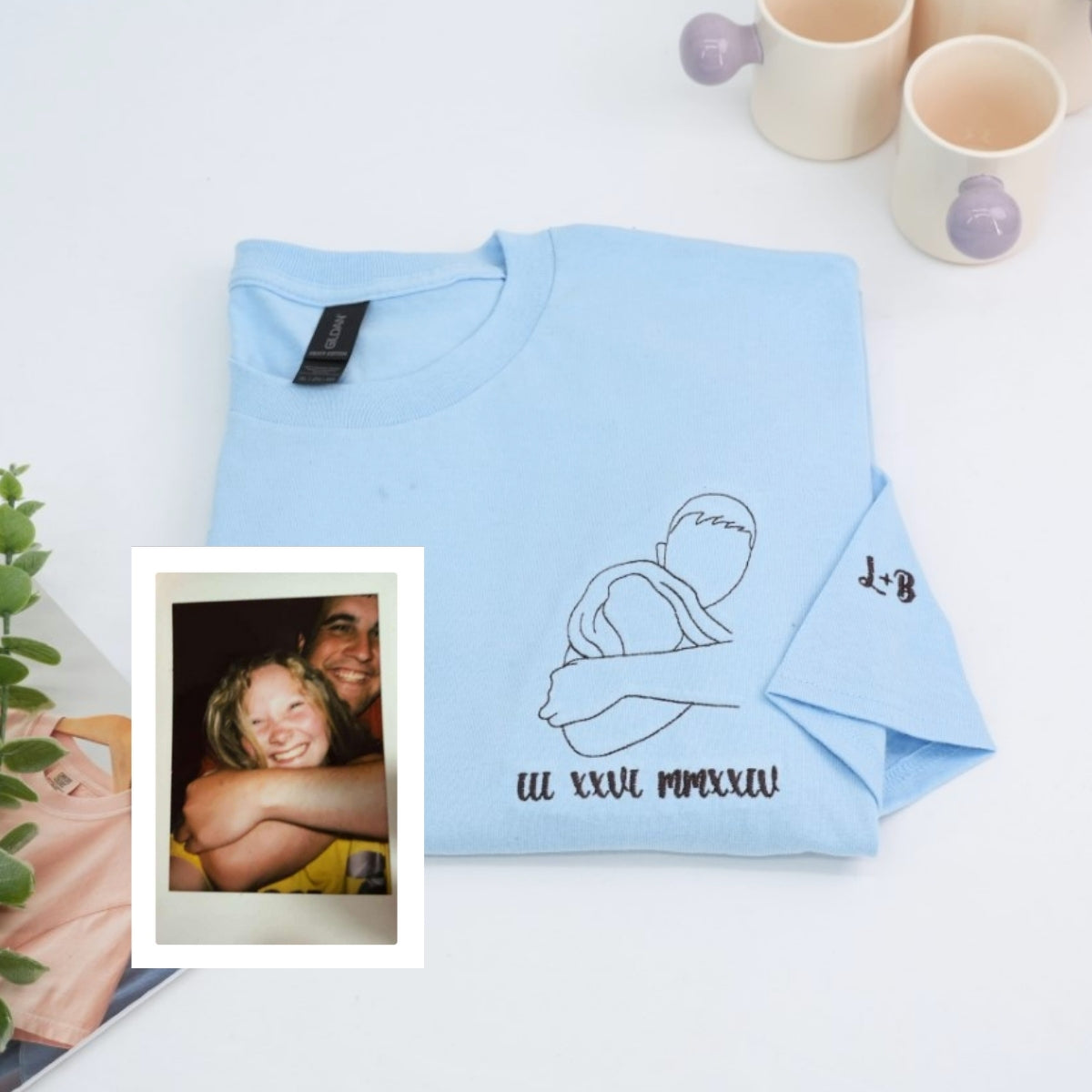 Couple Photo Custom Embroidered T-Shirt - Outline Portrait - Personalized Anniversary Gift