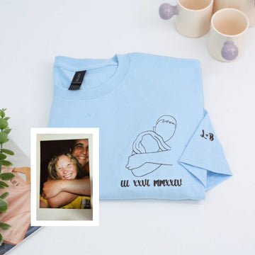 Couple Photo Custom Embroidered T-Shirt - Outline Portrait - Personalized Anniversary Gift