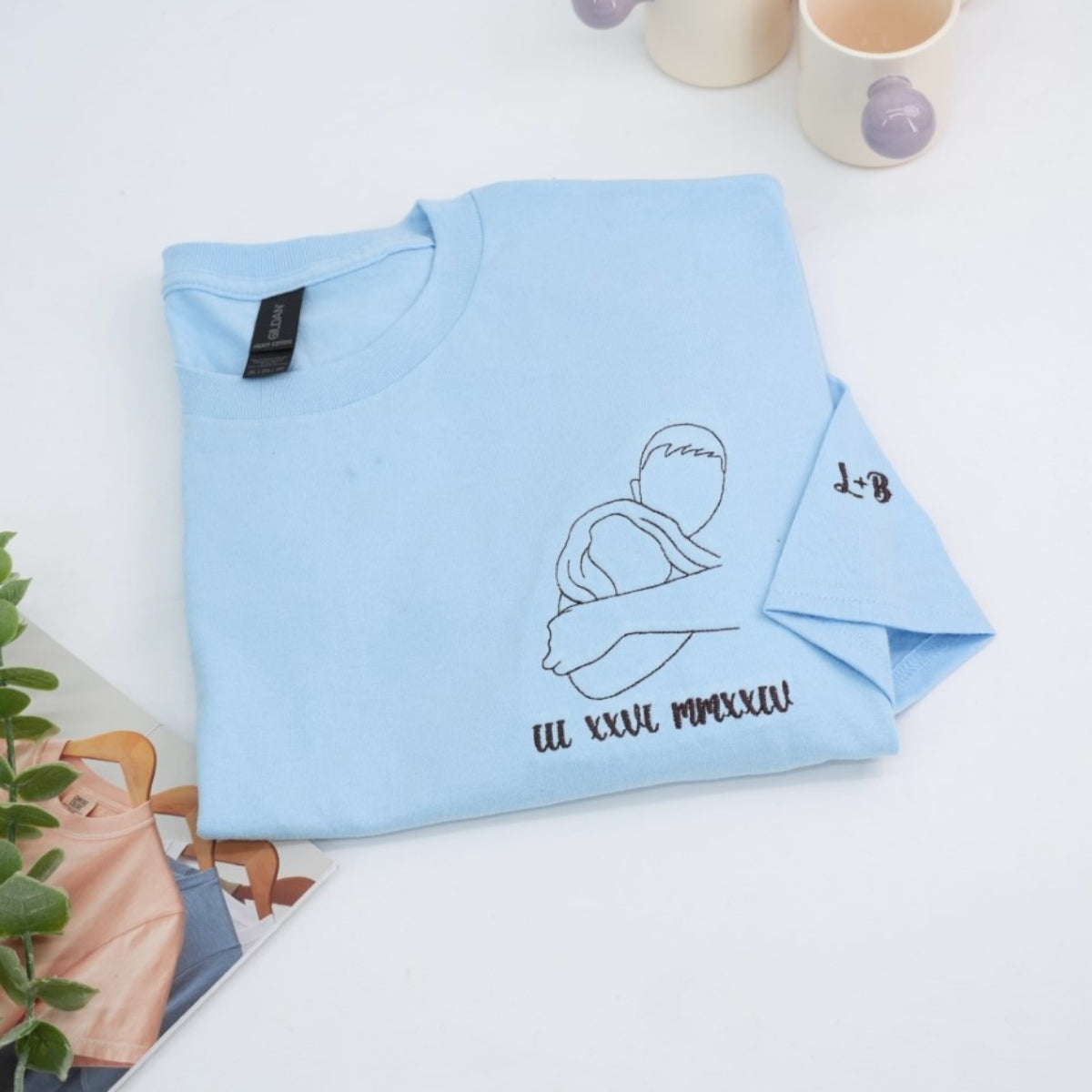 Couple Photo Custom Embroidered T-Shirt - Outline Portrait - Personalized Anniversary Gift