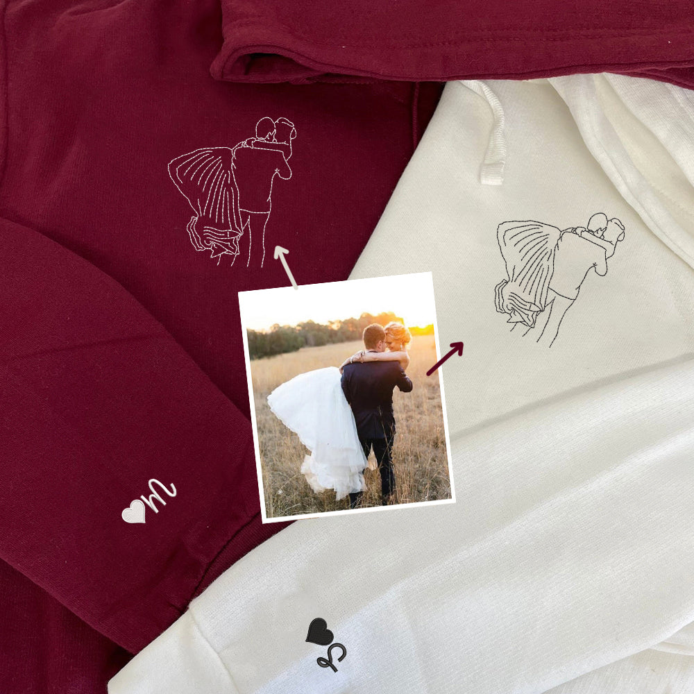 Couple Portrait Custom Embroidered Hoodie - Personalized Wedding Sweatshirt - Perfect Couple Gift