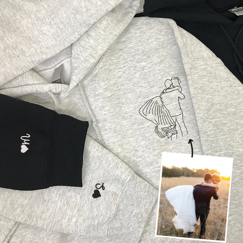 Couple Portrait Custom Embroidered Hoodie - Personalized Wedding Sweatshirt - Perfect Couple Gift