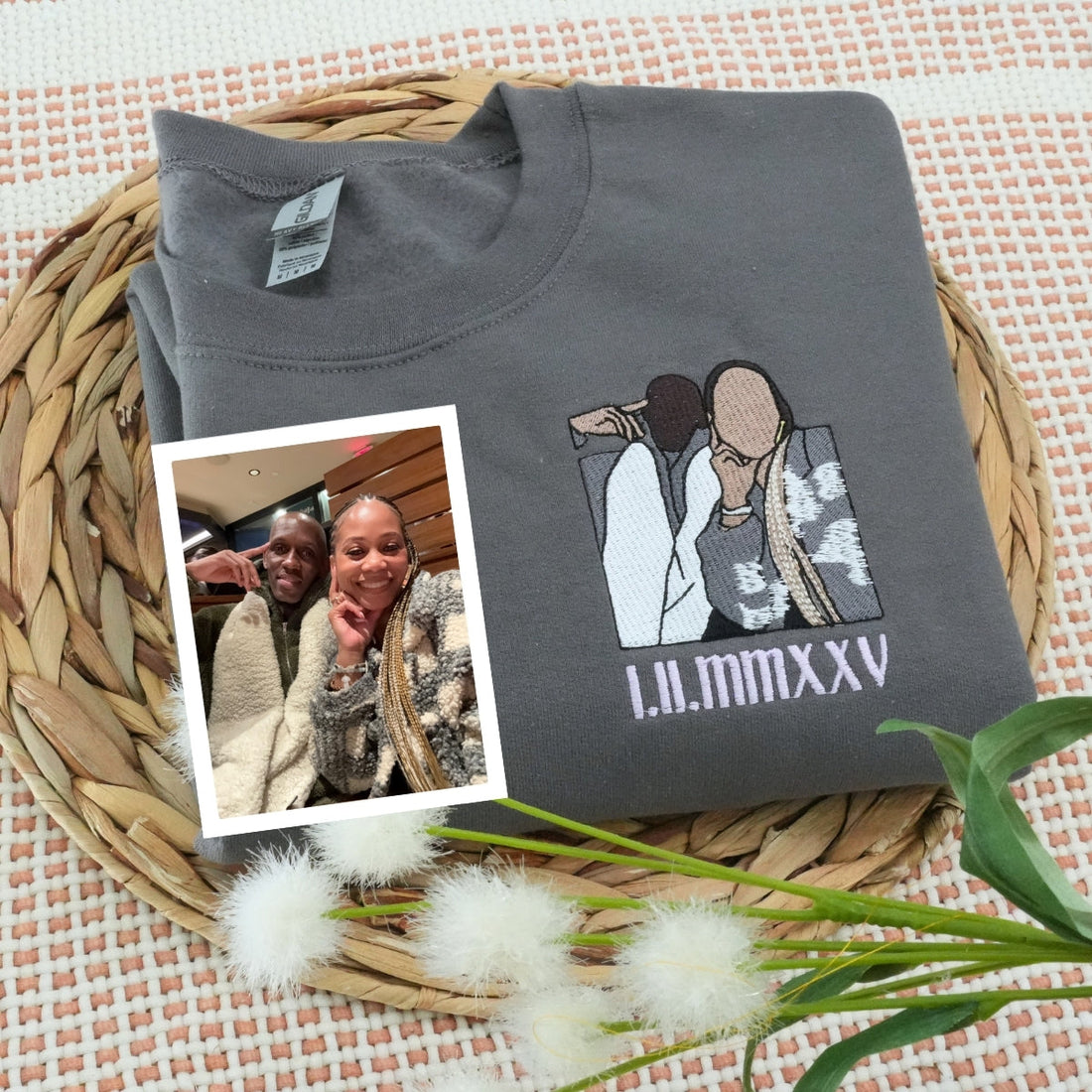 Couple Portrait Custom Embroidered Hoodie - Personalized Anniversary Gift - Roman Numeral Date