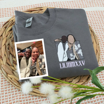 Couple Portrait Custom Embroidered Hoodie - Personalized Anniversary Gift - Roman Numeral Date