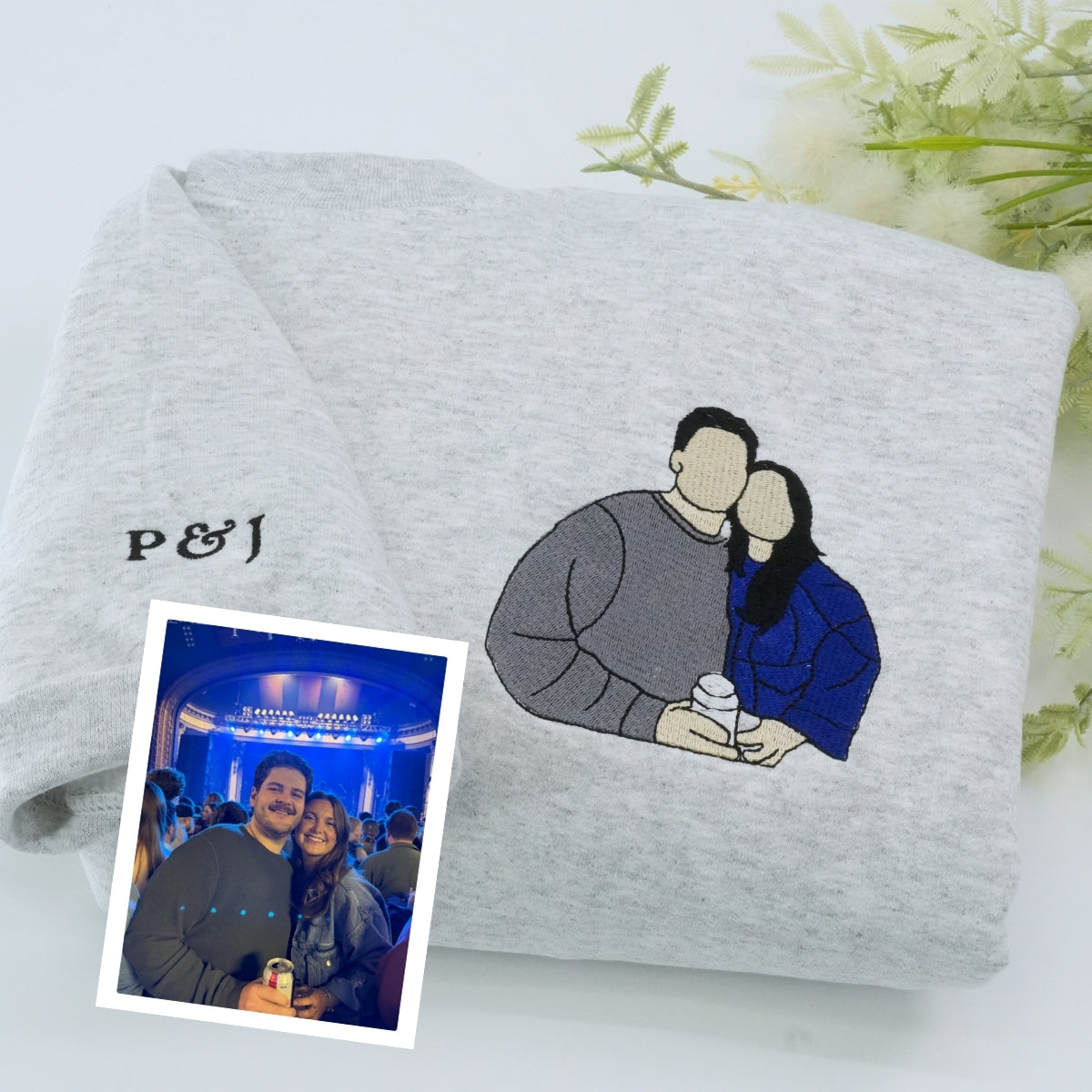 Couple Portrait Custom Embroidered Hoodie - Personalized Anniversary Gift - Roman Numeral Date