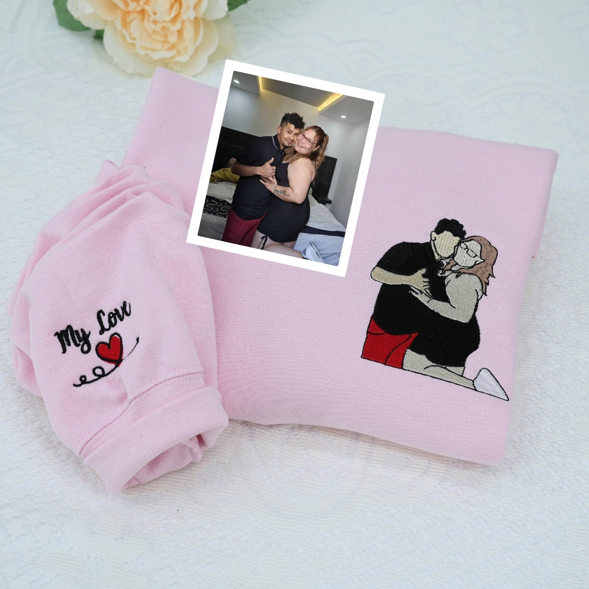 Couple Portrait Custom Embroidered Hoodie - Personalized Anniversary Gift - Roman Numeral Date