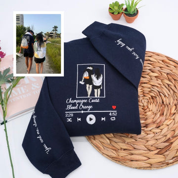 Couple Portrait Custom Embroidered Hoodie - Personalized Song Music Player - Matching Couple