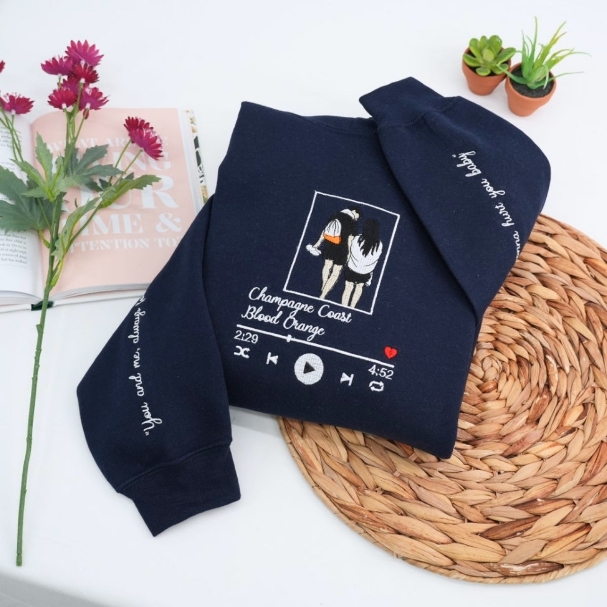 Couple Portrait Custom Embroidered Hoodie - Personalized Song Music Player - Matching Couple