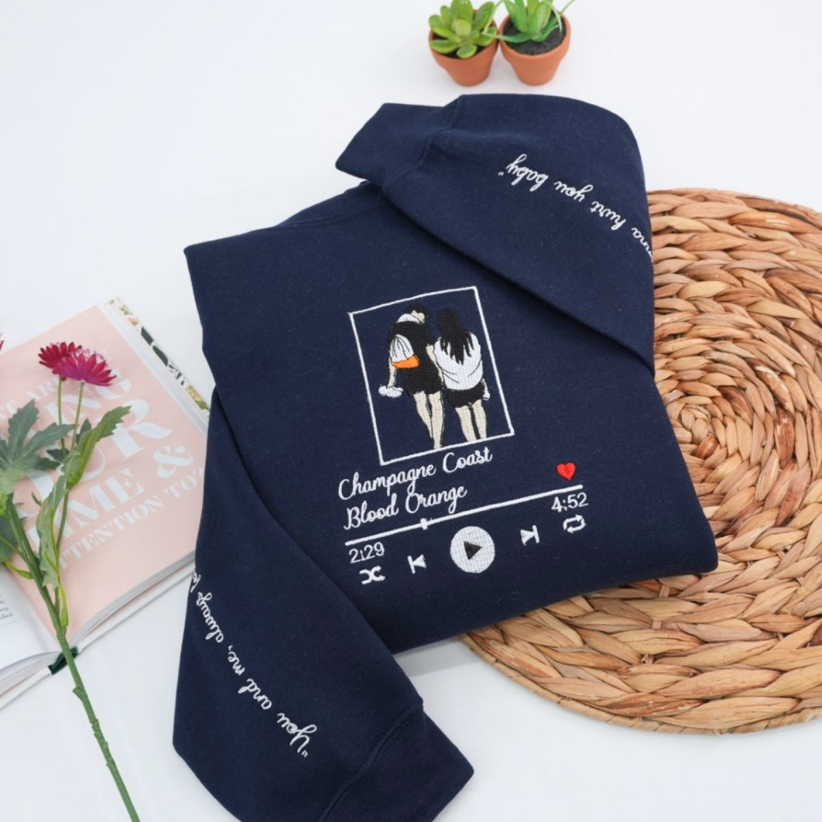 Couple Portrait Custom Embroidered Hoodie - Personalized Song Music Player - Matching Couple
