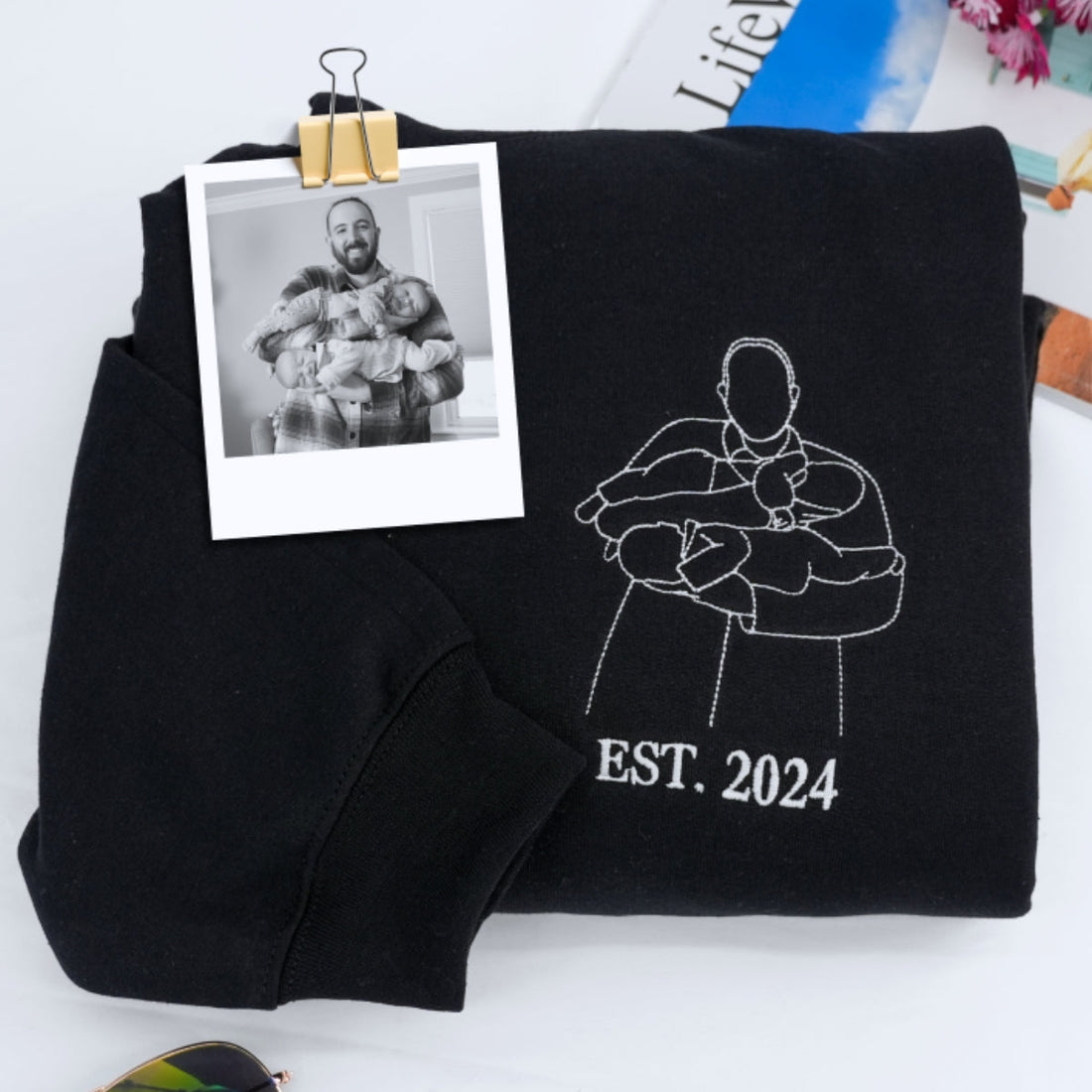 Dad EST Custom Embroidered Hoodie - Father Child Line Art - Personalized Father's Day Gift