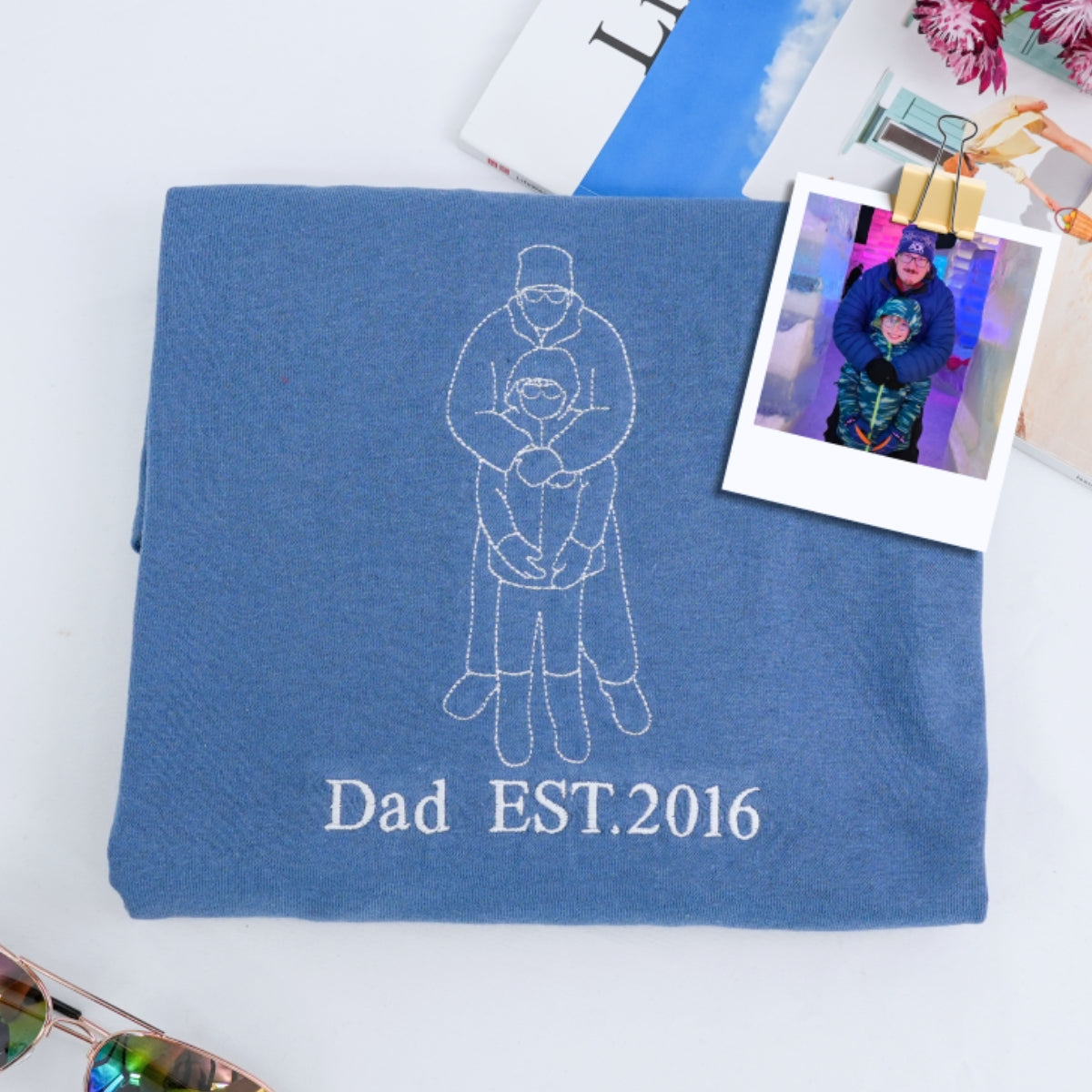 Photo Line Art Custom Embroidered Dad Hoodie - Personalized Father's Day Gift