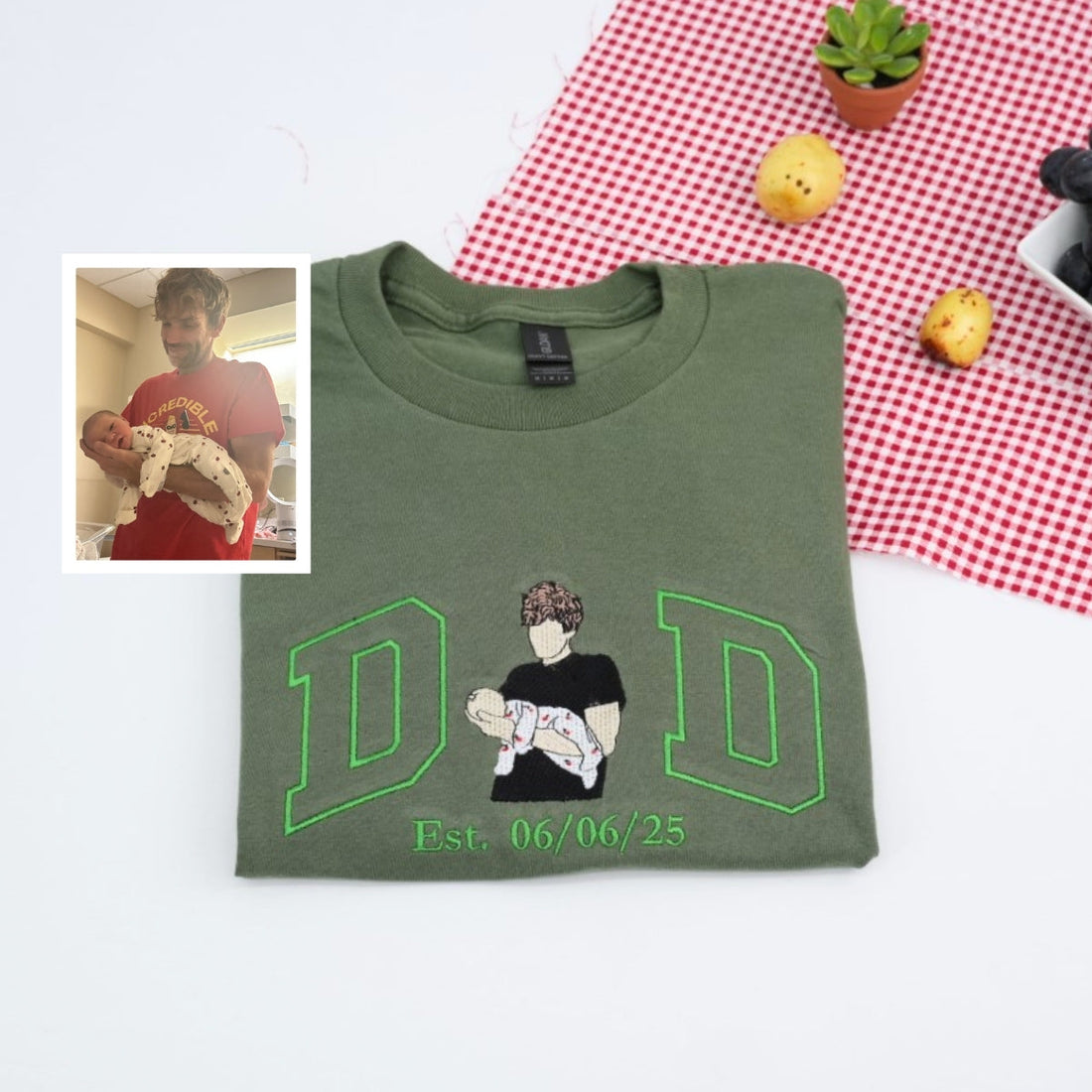 Baby Portrait Custom Embroidered Dad T-Shirt - Personalized Father's Day Gift