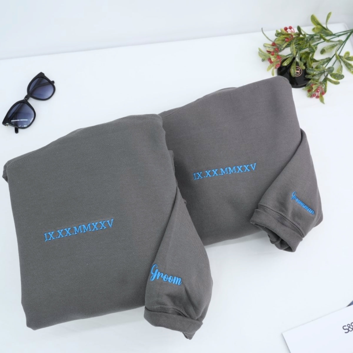 Roman Numeral Date Custom Embroidered Couple Sweatshirt - Personalized Anniversary Gift