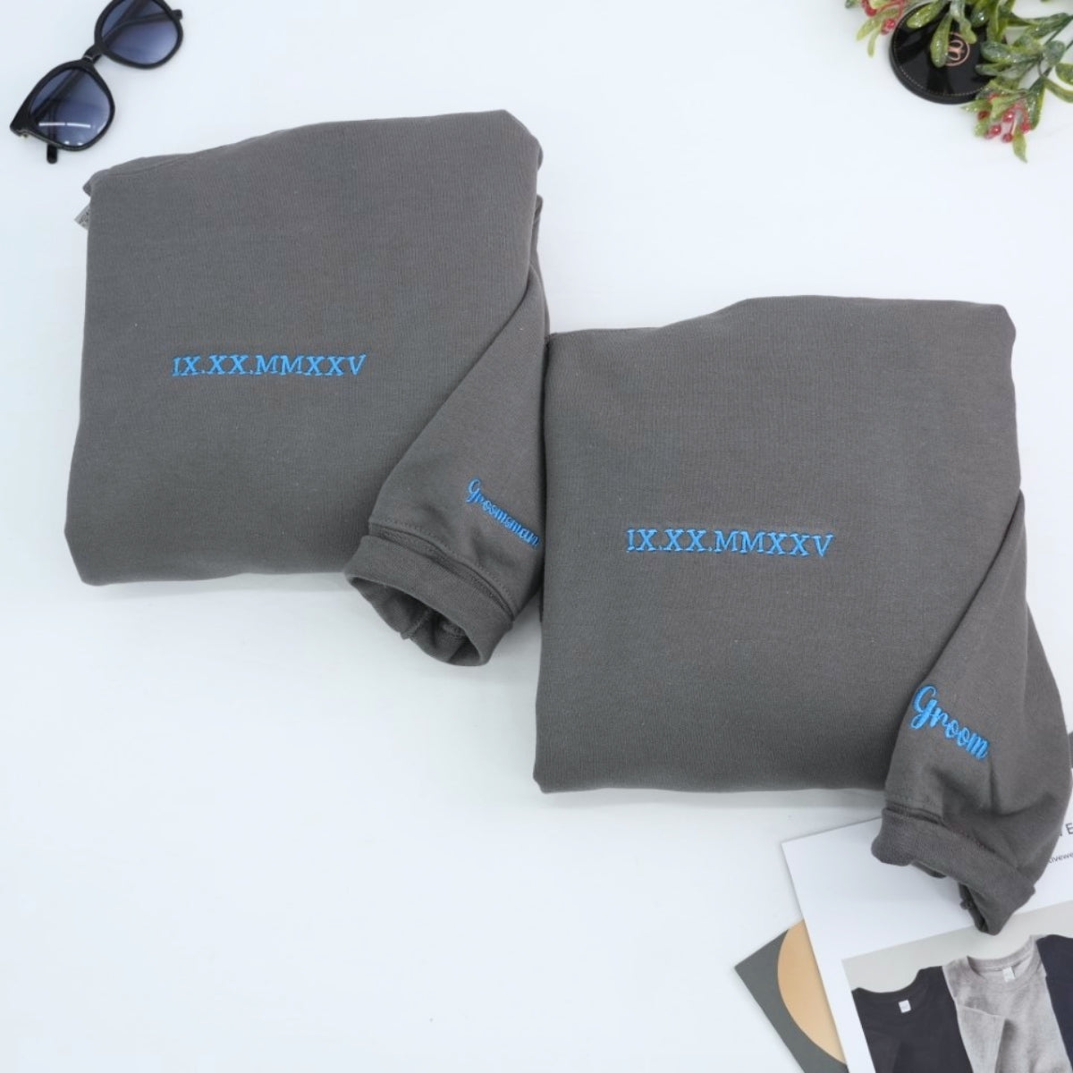 Roman Numeral Date Custom Embroidered Couple Sweatshirt - Personalized Anniversary Gift