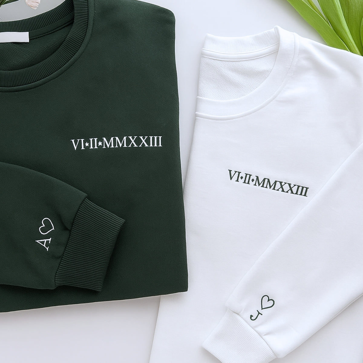 Roman Numeral Date Custom Embroidered Couple Hoodie - Personalized Anniversary Gift