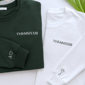 Roman Numeral Date Custom Embroidered Couple Hoodie - Personalized Anniversary Gift
