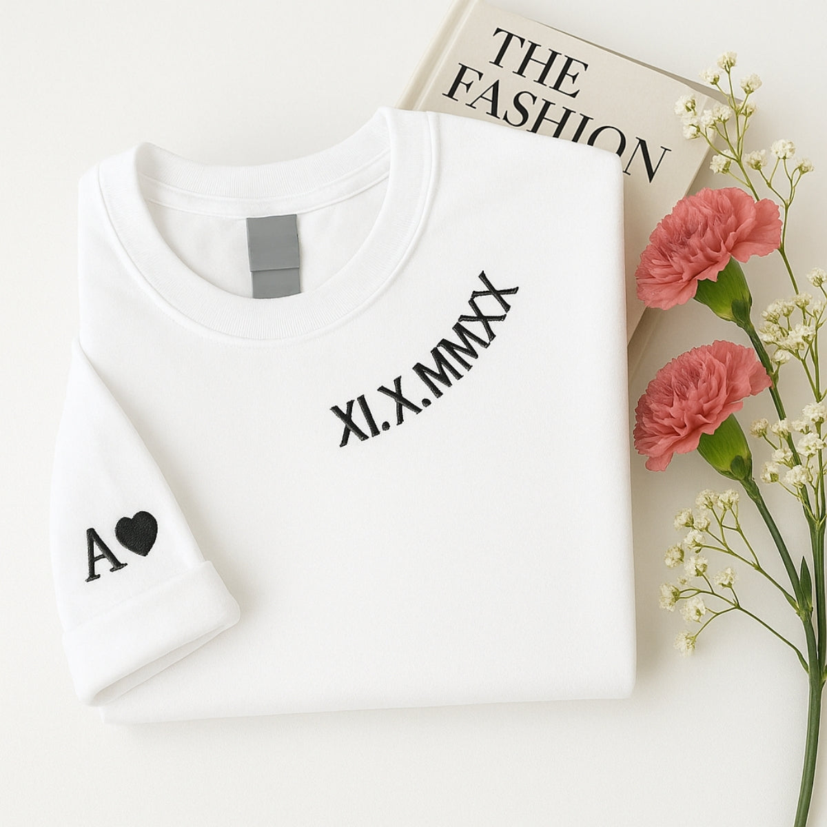 Pink Roman Numeral Date Custom Embroidered Couple Sweatshirt - Personalized Anniversary Gift