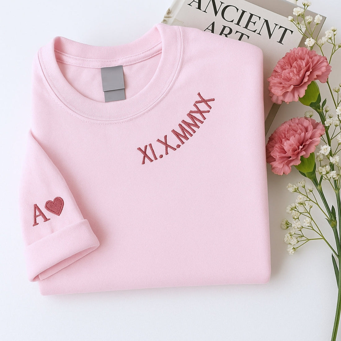 Pink Roman Numeral Date Custom Embroidered Couple Sweatshirt - Personalized Anniversary Gift