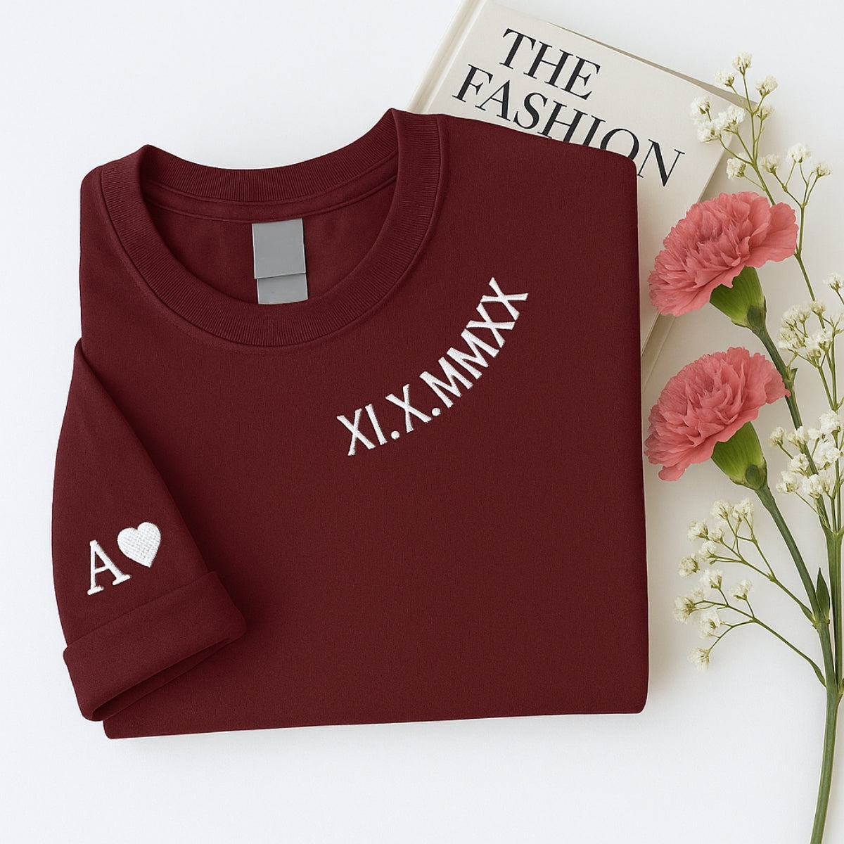 Pink Roman Numeral Date Custom Embroidered Couple Sweatshirt - Personalized Anniversary Gift
