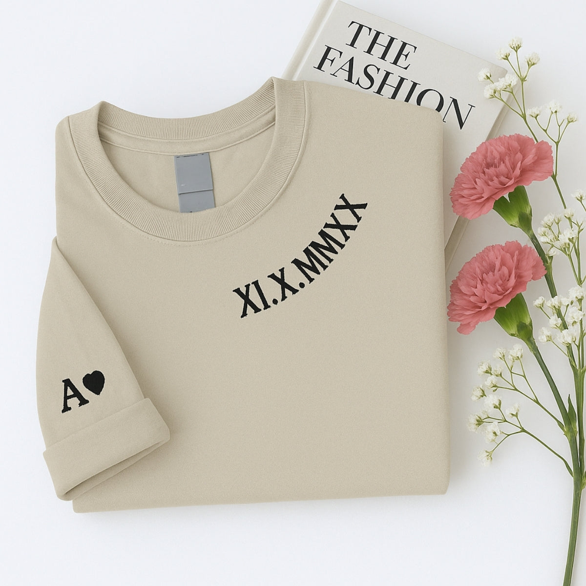 Pink Roman Numeral Date Custom Embroidered Couple Sweatshirt - Personalized Anniversary Gift