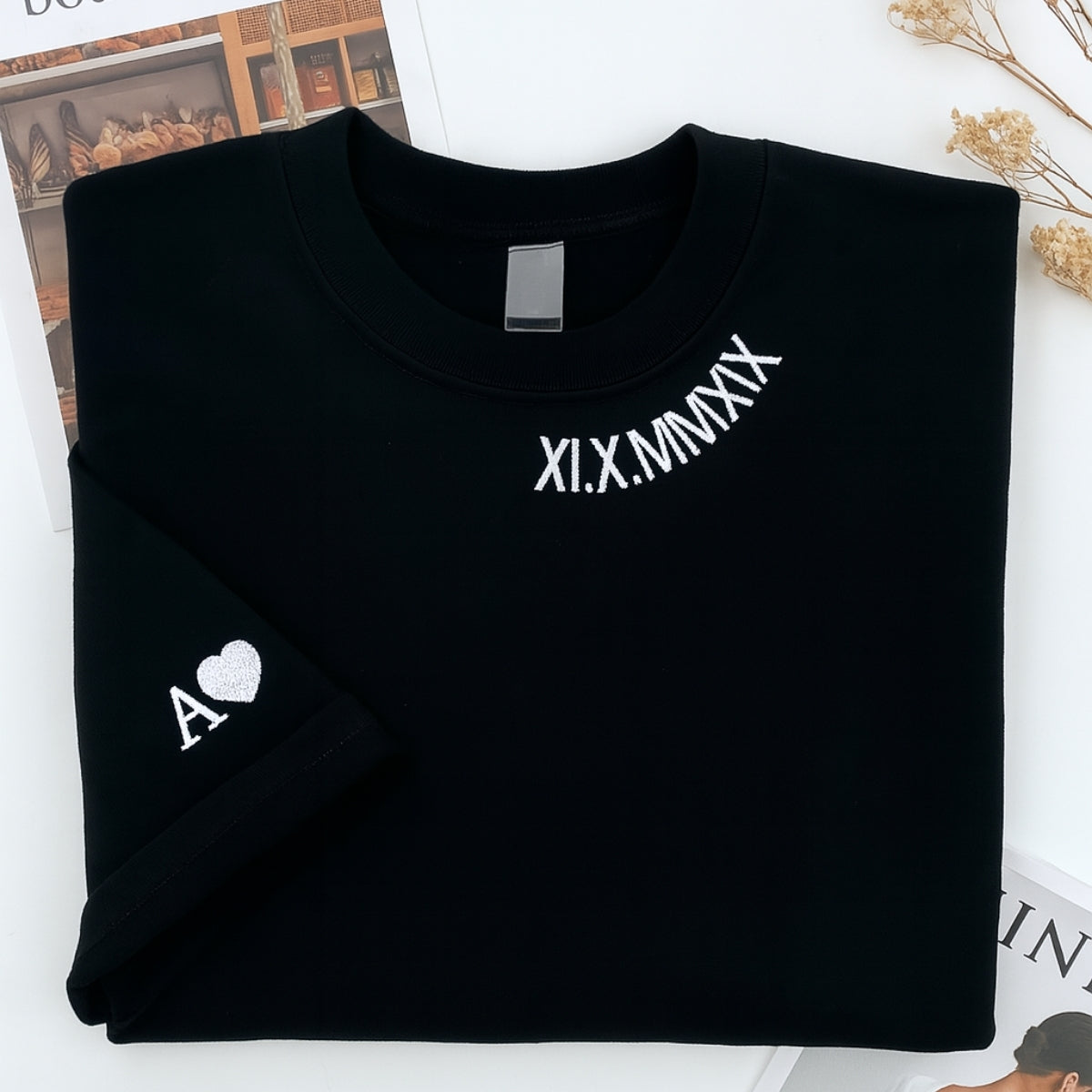 Pink Roman Numeral Date Custom Embroidered Couple Sweatshirt - Personalized Anniversary Gift