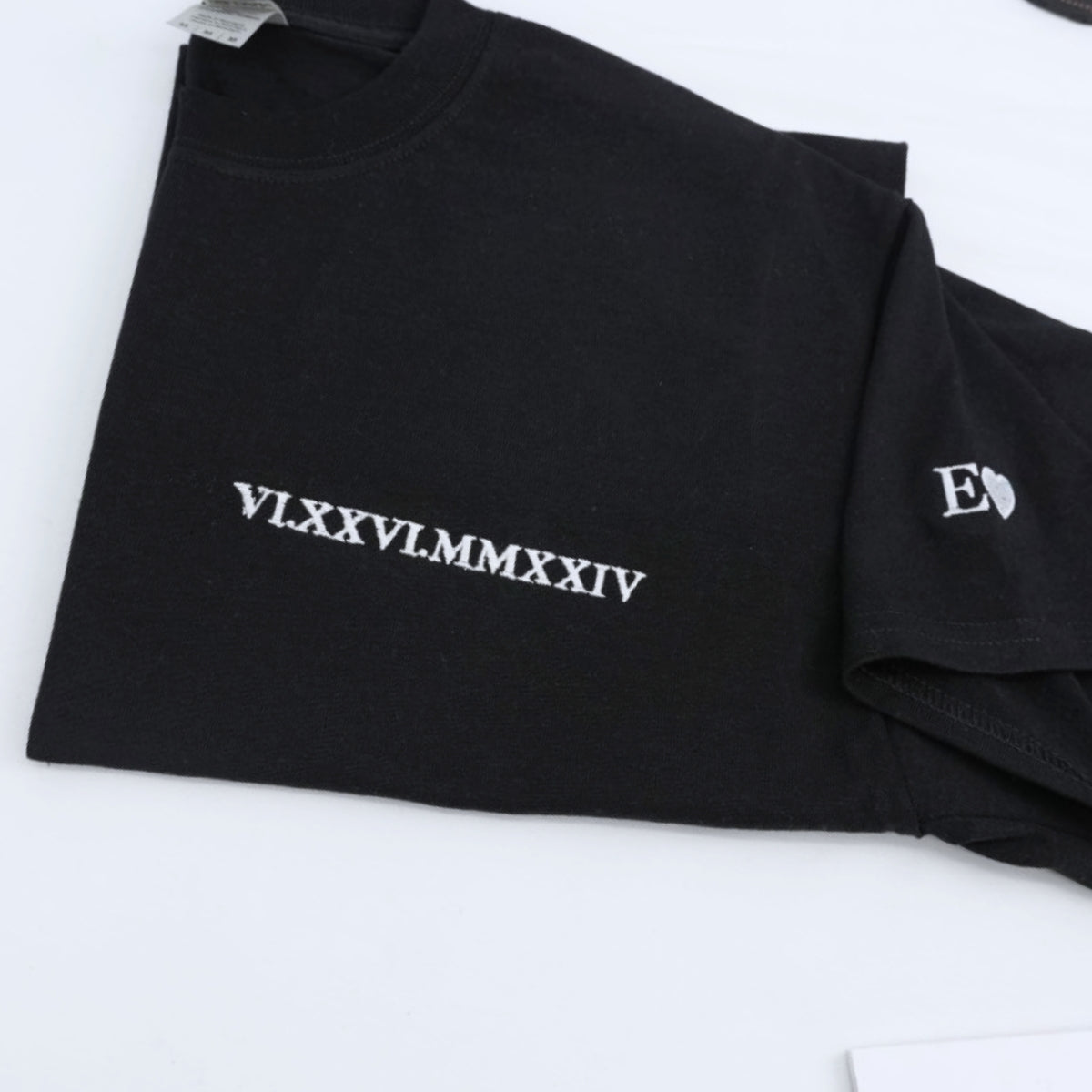 Roman Numeral Date Custom Embroidered Couple T-Shirt - Personalized Wedding Gift