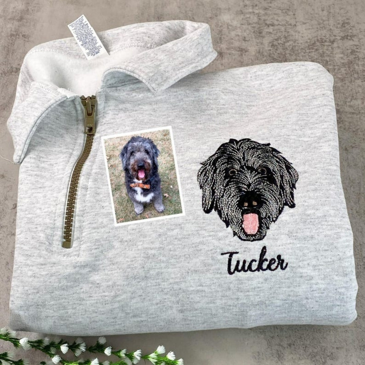 Dog Photo Custom Embroidered Quarter Zip - Pet Portrait from Picture - Personalized Memorial Gift