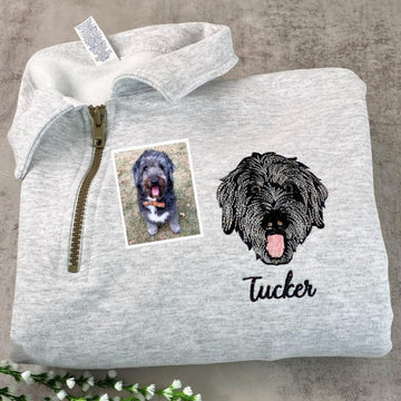 Dog Photo Custom Embroidered Quarter Zip - Pet Portrait from Picture - Personalized Memorial Gift