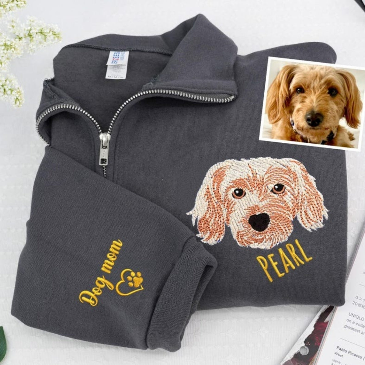 Dog Photo Custom Embroidered Quarter Zip - Pet Portrait from Picture - Personalized Memorial Gift