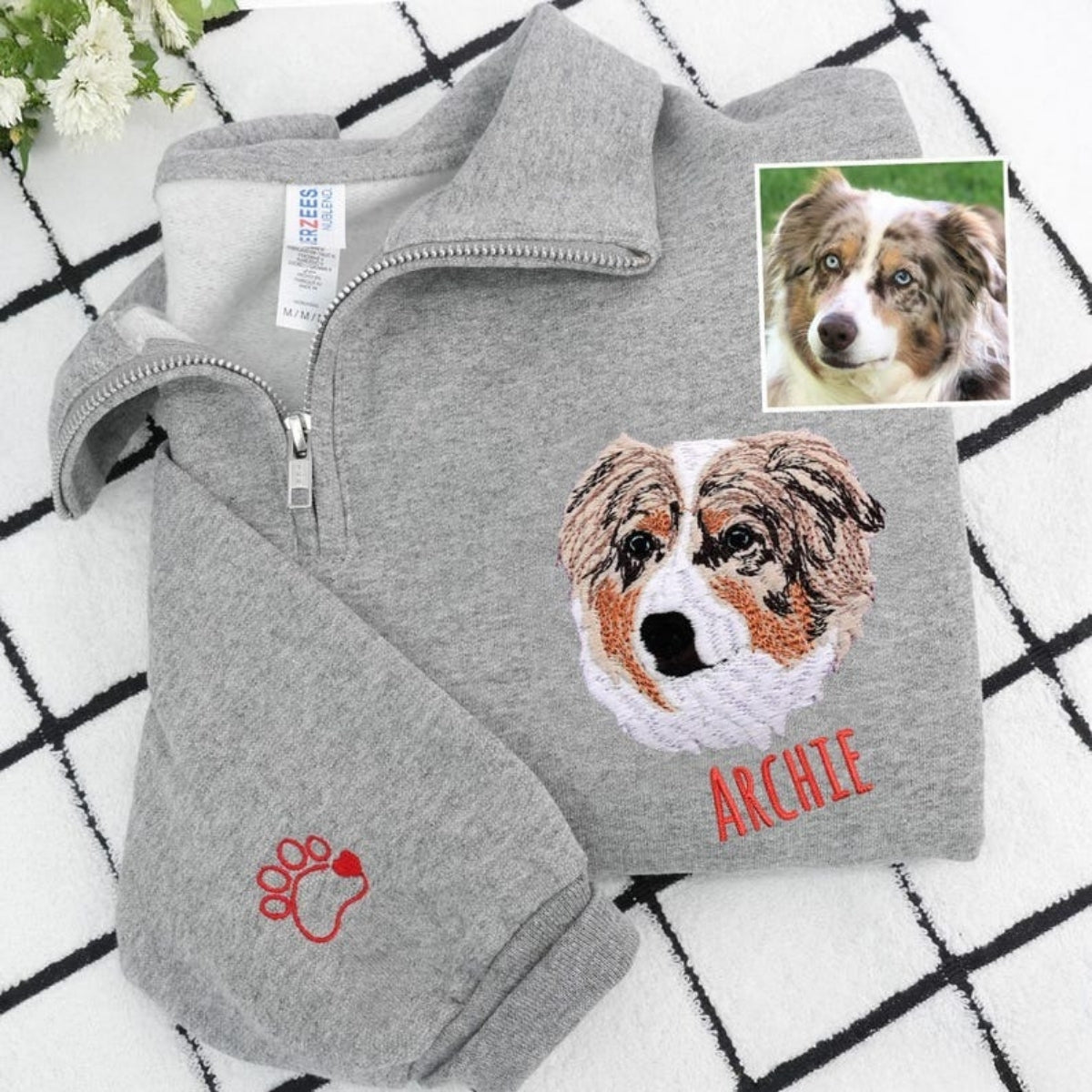 Dog Photo Custom Embroidered Quarter Zip - Pet Portrait from Picture - Personalized Memorial Gift