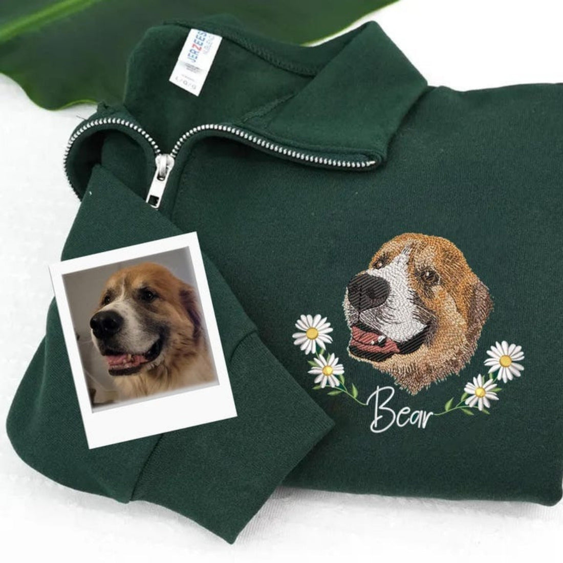 Dog Photo Custom Embroidered Quarter Zip with Flowers - Personalized Pet Portrait - Floral Memorial