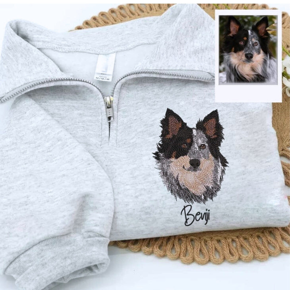 Dog Photo Custom Embroidered Quarter Zip with Flowers - Personalized Pet Portrait - Floral Memorial