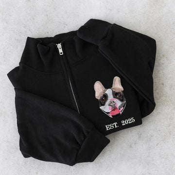 Dog Portrait Custom Embroidered Quarter Zip - Pet Adoption - Gotcha Day Personalized Memorial Gift